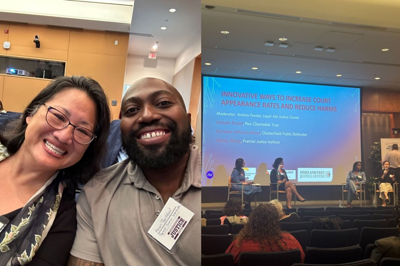 On the left, Wendy Shang and Kevin Beckford of the Pretrial Justice Institute smile for the camera. On the right, panelists—including Wendy Shang—participate in a discussion titled Innovative Ways to Increase Court Appearance Rates and Reduce Harms, seated on stage during the event.